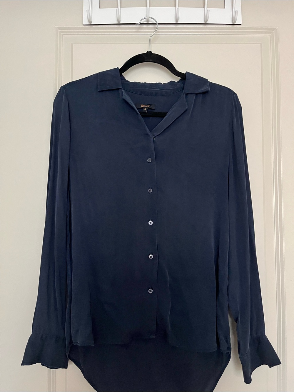 Quince Washable Stretch Notch Collar Navy Button-Up Silk Blouse